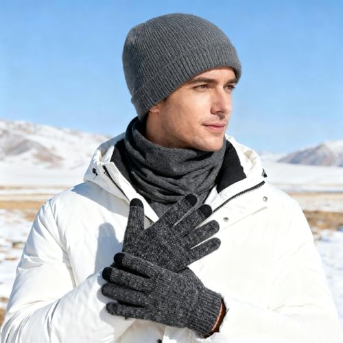 Winter Hats Neck Gaiter Gloves Set - Grey Beanie & Touchscreen Gloves