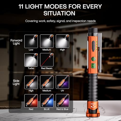 PASIION Orange Large Rechargeable 800 Lumen LED EDC Flashlight with Magnetic Clip & Base, 11 Modes, USB-C, Glass Breaker & Bottle Opener