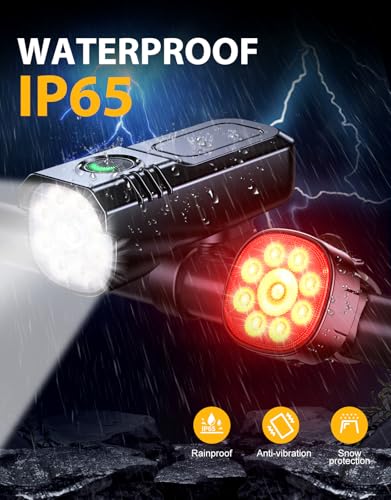 Super Bright Rechargeable Bike Lights Set - Black, IP65 Waterproof & 8+7 Modes