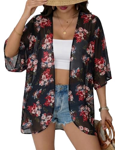 Floral Beach Cover Up Kimono Cardigan - Black, X-Large