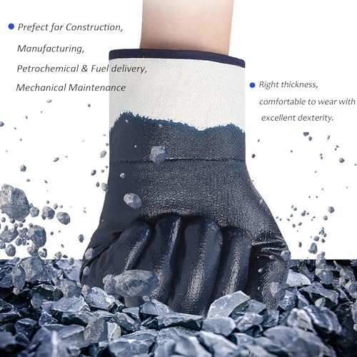 Blue Oil Gloves for Men - Heavy Duty, Oil Resistant, Nitrile Coated, Bulk Pack (6 & 12 Pairs, Large)