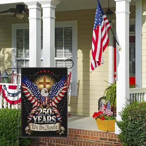 250th Anniversary Garden Flag - Double-Sided Patriotic Eagle & Cross Design - We the People, 18"L x 12"W