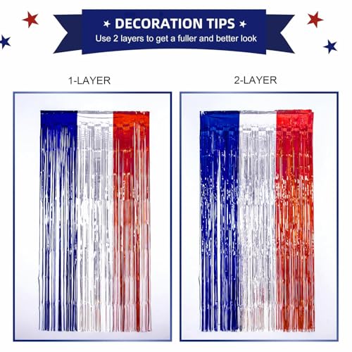 LOLStar 3 Pack 4th of July Red White Blue Foil Fringe Curtains - Patriotic Party Decorations