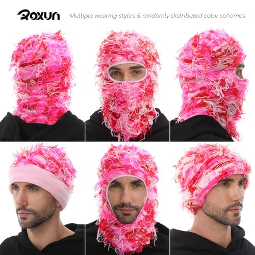 Distressed Ski Mask Balaclava - Fluffy Knitted Full Face - Pink Mixed