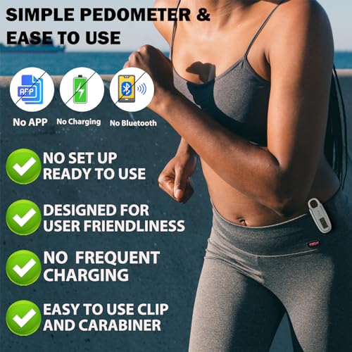 3D Pedometer for Walking - Accurate Step Tracker with Clip & Carabiner - White