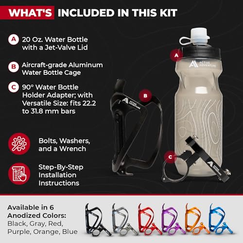 Bike Water Bottle Holder Combo - 20 Oz Squeeze Bottle & Mount Cage Rack - Anodized Black