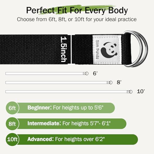 Adjustable Cotton Yoga Strap - 8 Feet Black for Stretching