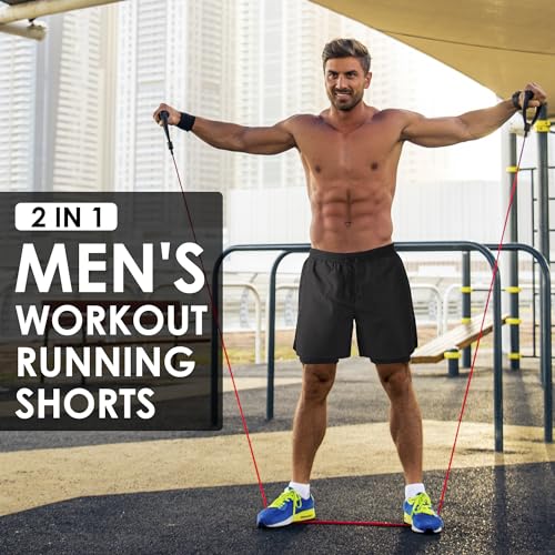 2-in-1 Men's Athletic Running Shorts - Workout Gym Training - Medium Black