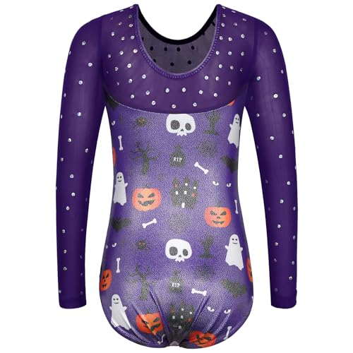 Girls 3/4 Sleeve Gymnastics Leotard with Mesh & Sequins - Purple 3-4T