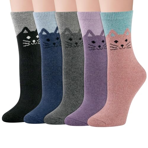 Wool Socks for Women - Cute Cat Crew Socks, 5 Pairs - One Size in Pink, Black, Blue, Grey, Purple