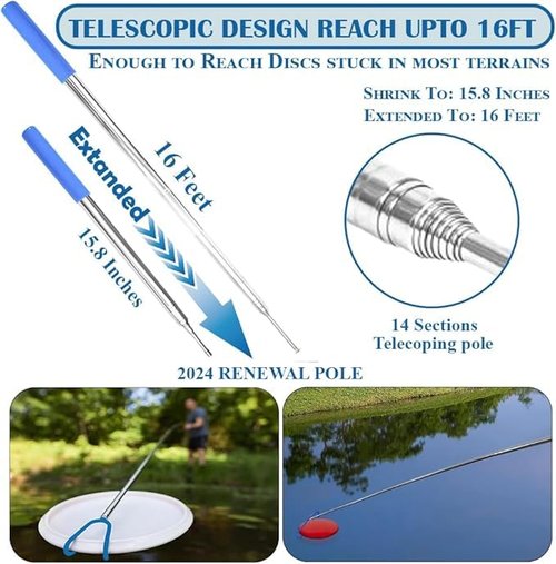 Extendable Disc Golf Retriever 16 ft - Telescopic Disc Golf Retriever - Disc Retriever with Durable Stainless Steel Frame Hooks & Carry Bag - Disc Golf Retriever Pole for Tree Bushes & Water (5)