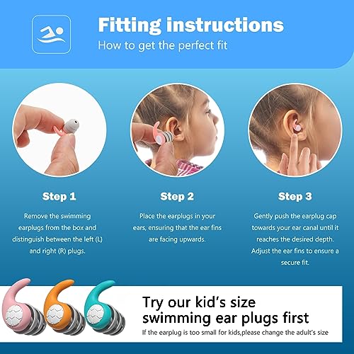 Kids Swimming Ear Plugs, 3 Pair Reusable Waterproof Silicone Earplugs