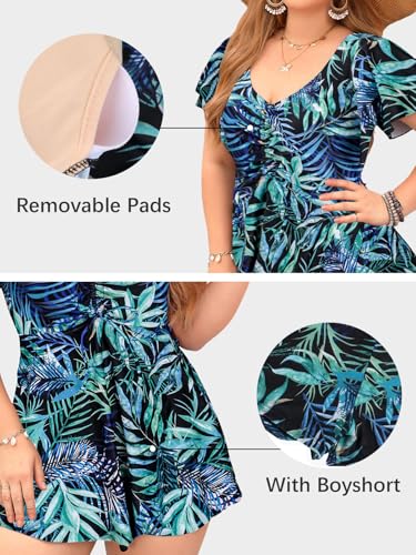 ECUPPER Women's Plus Size Green One-Piece Swimsuit with Sleeves Tummy Control Bathing Suit with Skirt and Built-in Shorts - Size 20-22