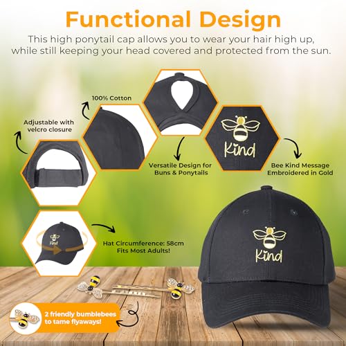 Bee Kind Ponytail Hat with Honey Bee Hair Pins - Black