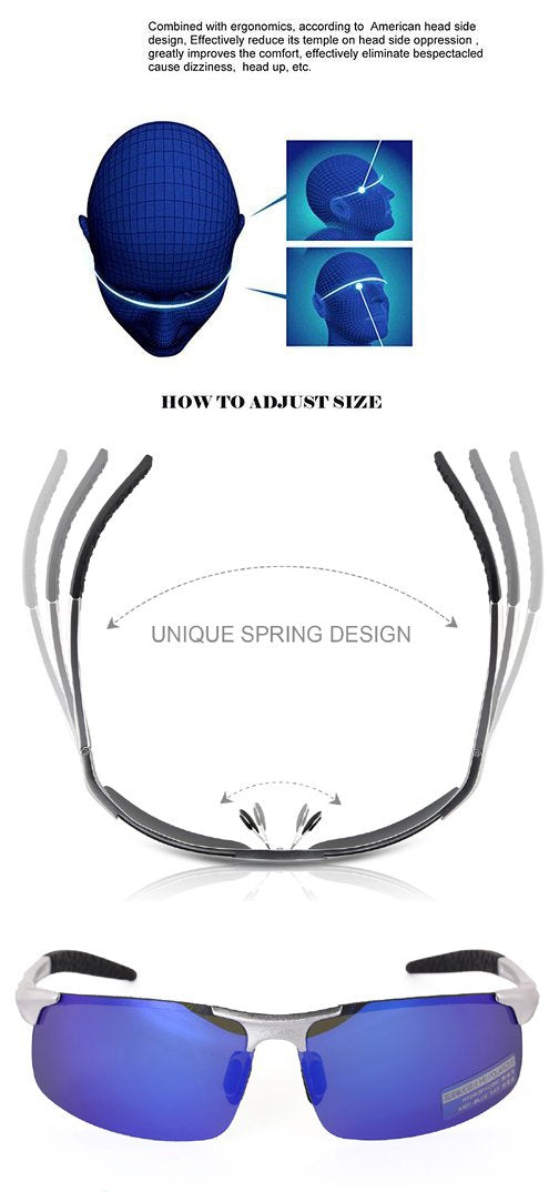 RONSOU Men Sport Al-Mg Polarized Sunglasses Unbreakable for Driving Cycling Fishing Golf silver frame/blue lens