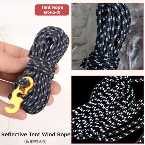 Reflective Tent Guyline Rope - High-Strength Aluminum Adjuster - 4 Pack - Black - Φ3mm
