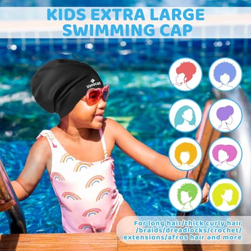Kids Extra Large Swim Cap - Waterproof Silicone for Long Hair - Black