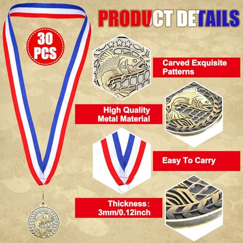 Fishing Medals - 30 Pcs Gold Trophy Award with Ribbons