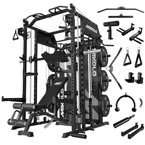 Smith Machine Power Cage Home Gym System with LAT Pulldown & Cable Crossover - Black / HORUS Set (With Bench & 230lb Plates)