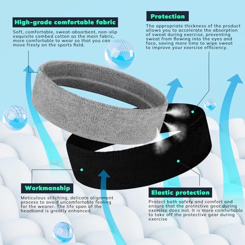 Moisture-Wicking Sweatbands - 3 Pack Terry Cloth Headbands