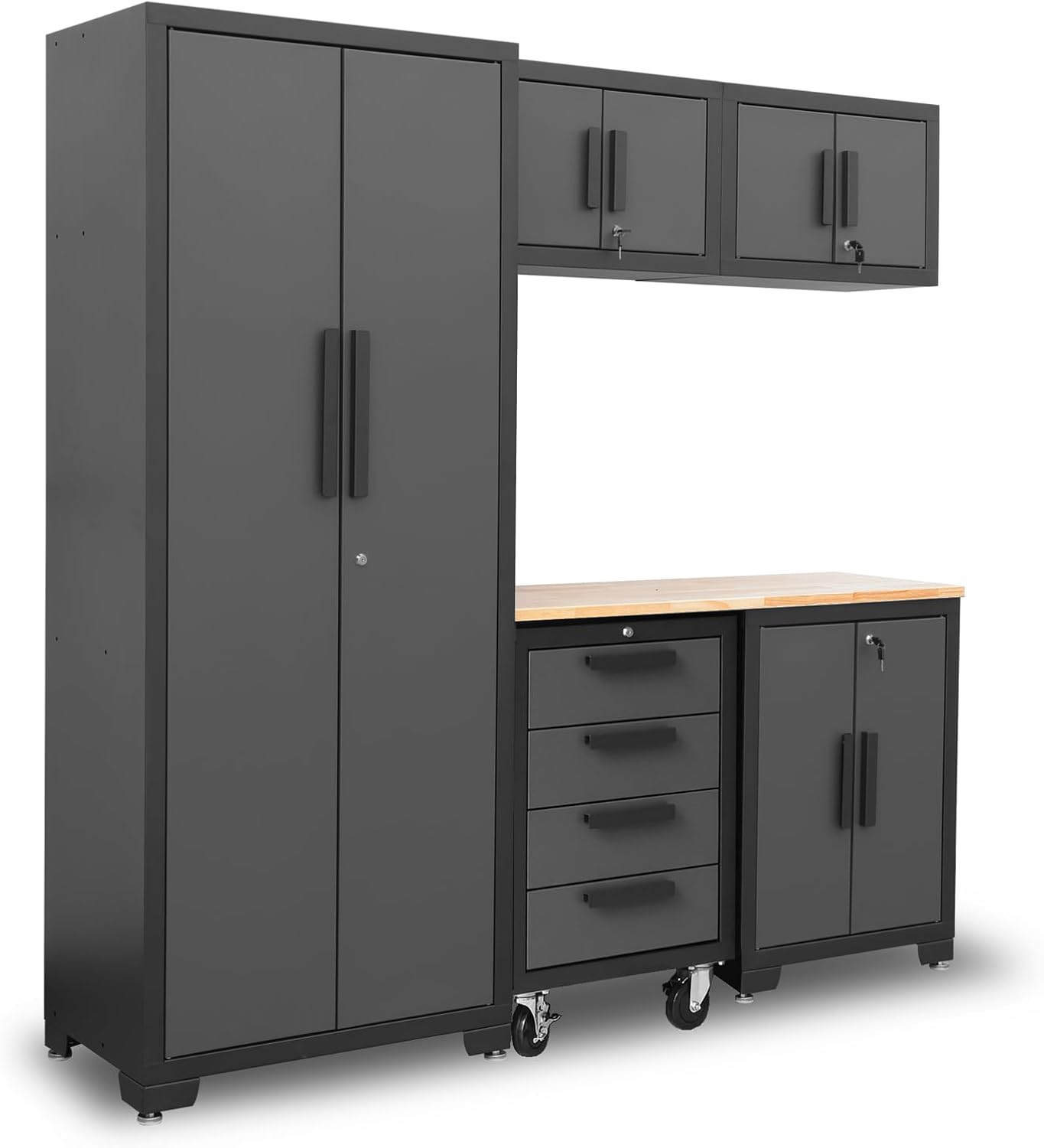 Torin Garage Storage Cabinet Set - 6-Piece Tool Organizer with Lockers & Shelves - 76.8" L x 18.5" W x 75.79" H - Black/Grey