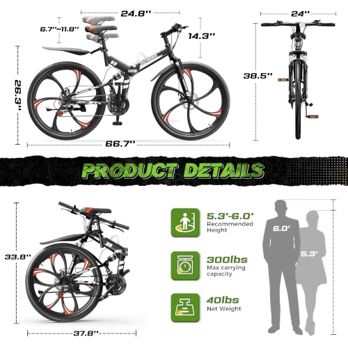 26 Inch Folding Mountain Bike - 21 Speed Dual Disc Brake - Black