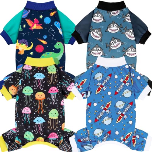 XPUDAC Small Dog Pajamas 4-Pack - Dinosaur & Shark Onesies for Puppies, Medium (7-11lb, Chest 16.5")