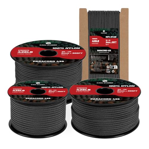 Kamu Synber 3mm Paracord 425 Nylon Rope 50ft Black - Heavy Duty Utility Cord