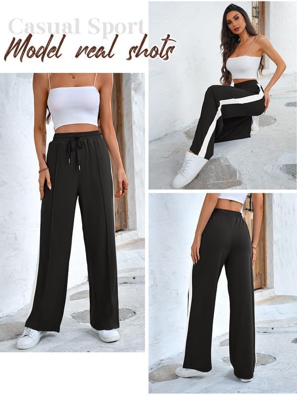 Skiennix Wide Leg Sweatpants - High Waisted Baggy Active Pants with Pockets | Striped Design