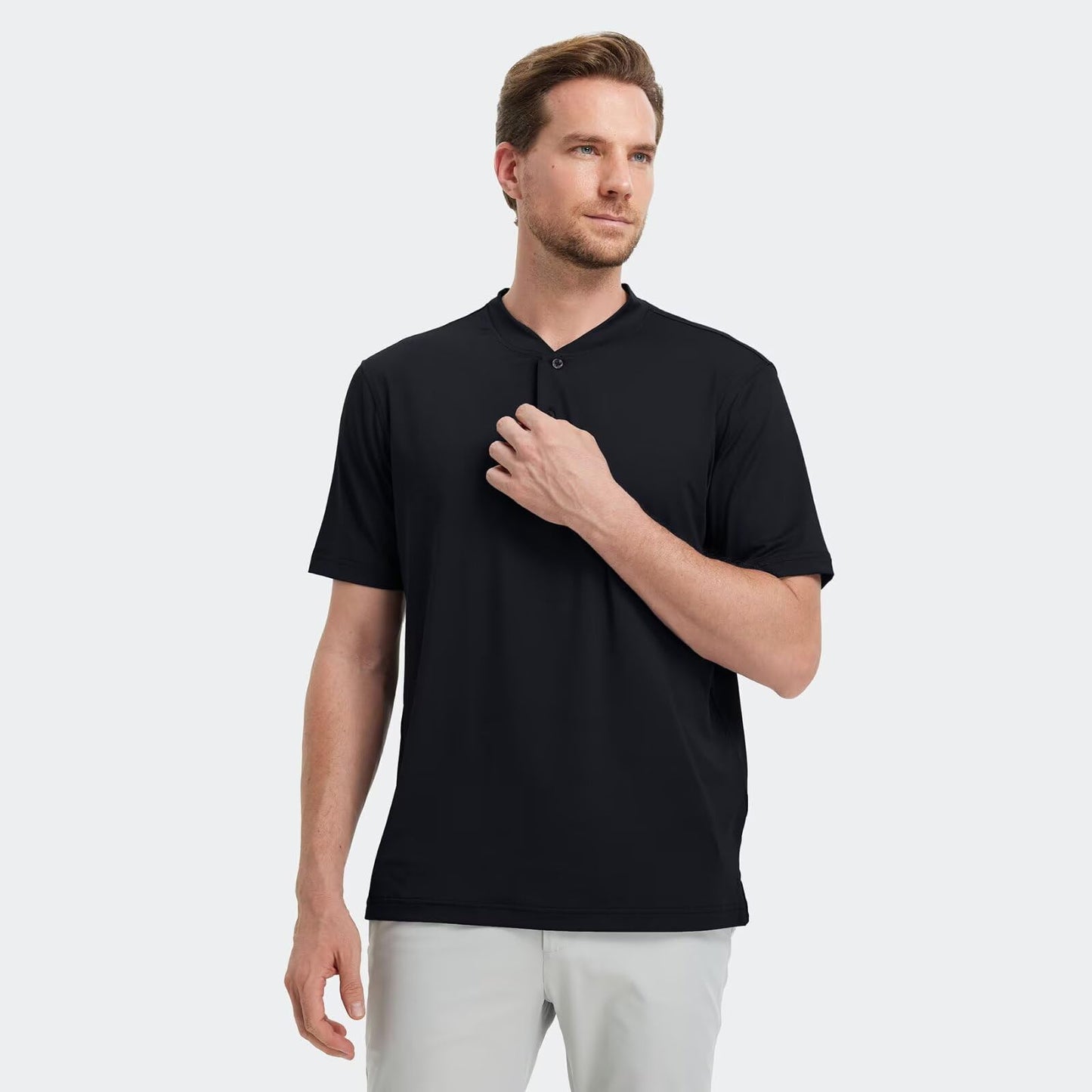 Mens Golf Polo Shirt Short Sleeve Dry Fit Lightweight Moisture Wicking Breathable Casual Collarless Shirts for Men Black