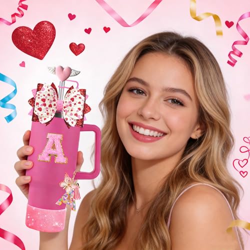 Hot Pink Tumbler Accessories Set with Bow Topper & Bling Boot - Initials A