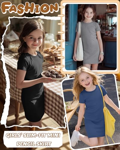 Girls Bodycon T-Shirt Dresses - 3 Pack, 7-8 Years - Black, Gray, Blue