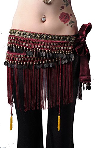 Plus-Size Dark Red Women's Belly Dance Tribal Hip Scarf with Fringe Coins 35.5in