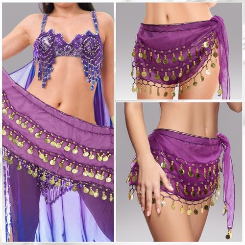 Belly Dance Hip Scarf Outfit - 3-Layer Gold Coin Design, Purple
