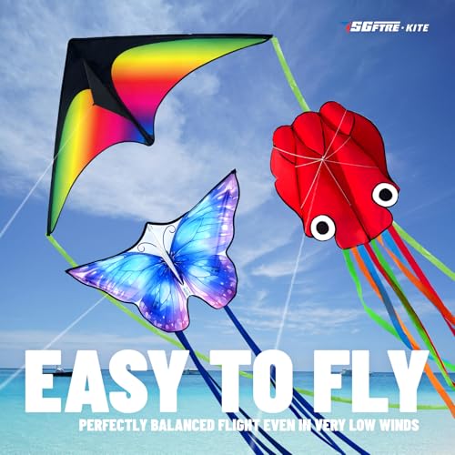 3-Piece Kite Set - Delta, Octopus & Butterfly Kites for Kids and Adults - Gradient Grassland Rainbow, Octopus Red, Blue Dreamy Butterfly