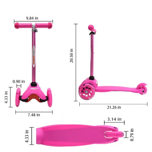 ChromeWheels Scooter for Kids, Deluxe 4 Adjustable Height 3 Wheels Glider with Kick, Lean to Steer with LED Flashing Light, Pink