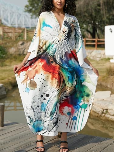 Women's V Neck Kaftan Beach Cover Up Dress - A13 Abstract Pattern