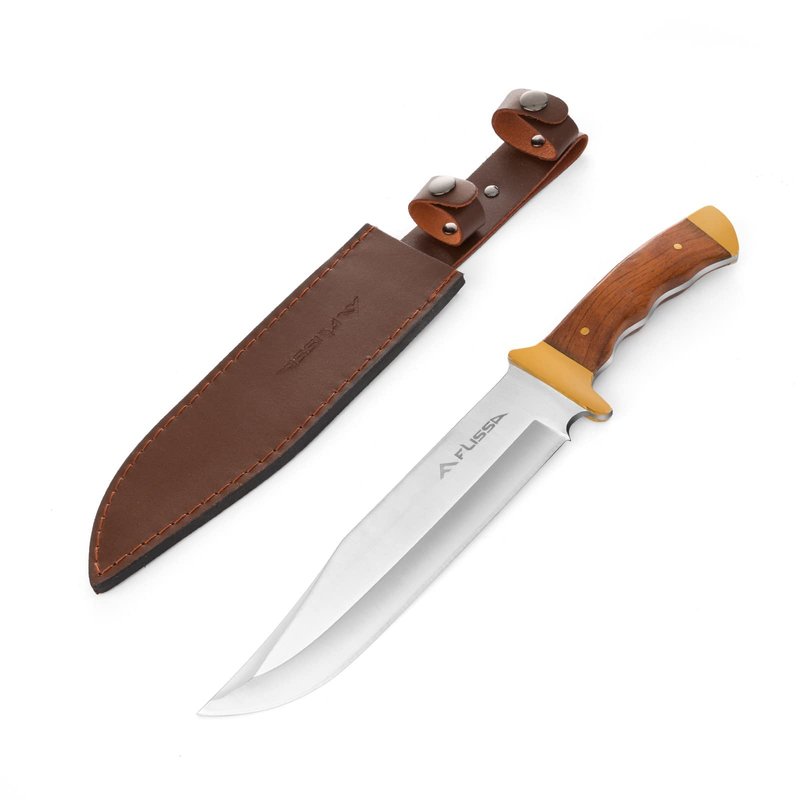 FLISSA 14-inch Bowie Full-tang Fixed Blade Knife with Wood Handle, Hunting Knife with Leather Sheath for Outdoor Survival, Camping, Hiking