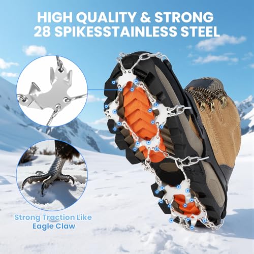 AOOELLO Black Large Ice Crampons with 28 Stainless Steel Spikes for Hiking & Mountaineering
