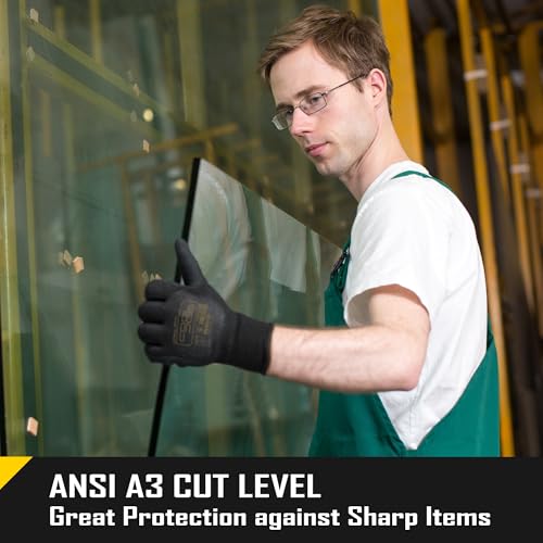 COOLJOB A3 Cut Resistant Safety Work Gloves for Men Women, Black Nitrile Coated Rubber Fishing Gloves Knife Proof, Touchscreen, Extra Hand Protection for Wood Cutting Carving, 3 Pairs Large