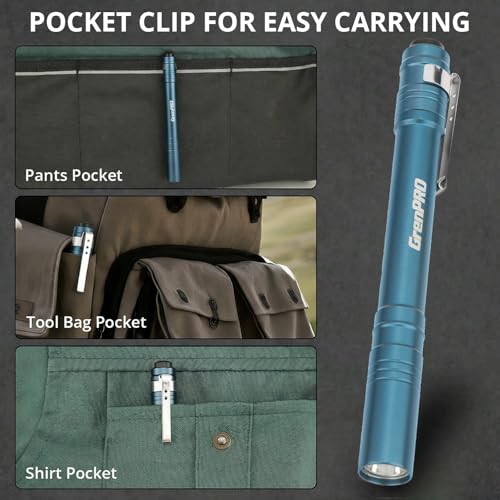 GRENPRO Blue LED Pen Light 4 Pack with Batteries - Mini Aluminum Flashlights for Inspection, Nurses, Everyday Carry