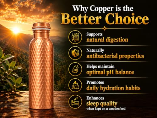 Pure Copper Water Bottle, 34 Oz (1 Litre), Travel Friendly, Hammered