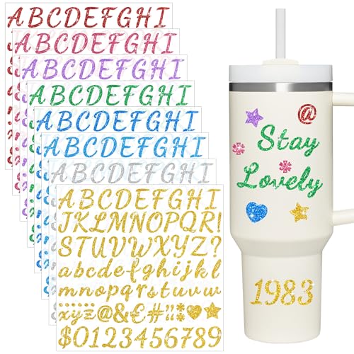 Colorful Glitter Letter Stickers - 8 Sheets for Water Bottles - Multicolor