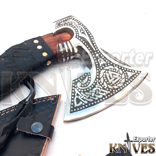 Handforged Carbon Steel Viking Axe with Wooden Handle & Leather Sheath – Camping & Outdoor Hatchet