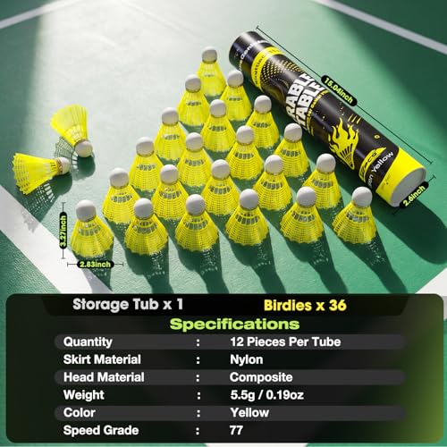 Yellow Nylon Badminton Shuttlecocks - 12 Pack Birdies
