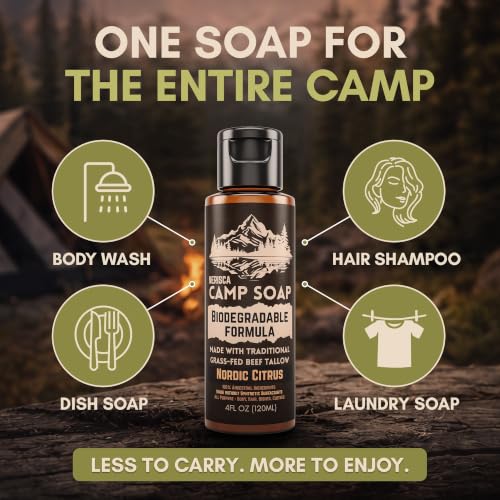 Biodegradable Camping Soap - Beef Tallow, All-in-One Wash, Nordic Citrus, 4 Fl Oz
