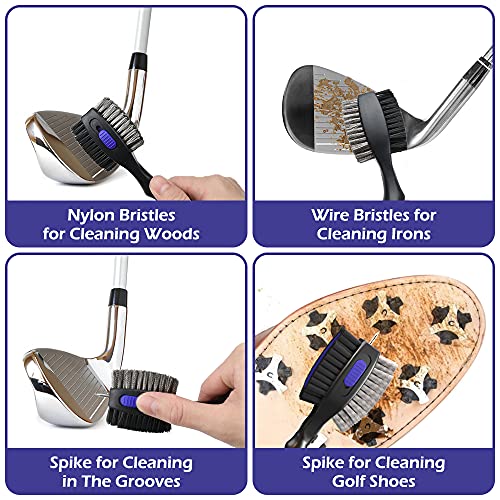 Golf Club Cleaner Brush Set - 2 Pack with Retractable Carabiner - Black & Blue