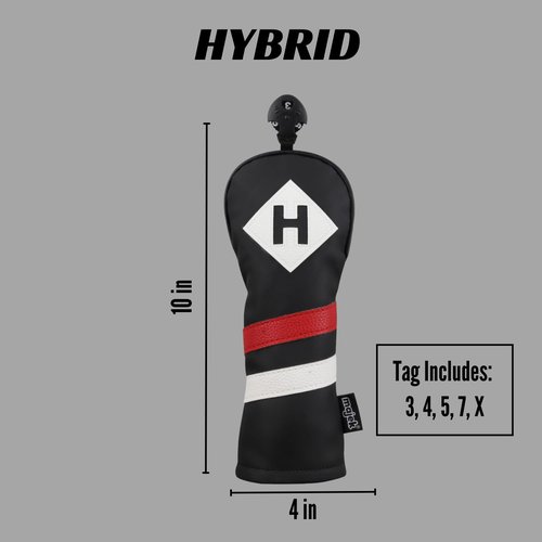 Majek Retro Golf Headcover Black Red and White Vintage Leather Style Hybrid Head Cover Classic Look, Wheel Tag Includes Numbers 3 Through 7 Plus X