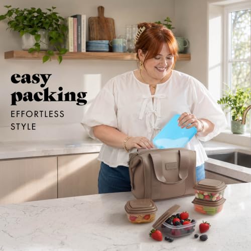 Fit & Fresh Remi Neoprene Lunch Bag for Women - Taupe, Includes Ice Pack & Containers