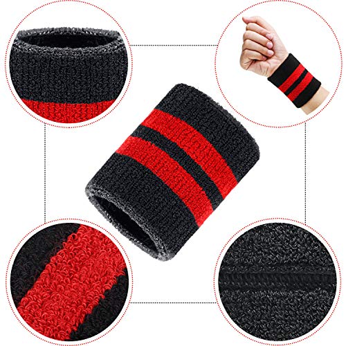 Wrist Sweatbands – 6 Pack Absorbent Athletic Bands - Black with Red Stripe